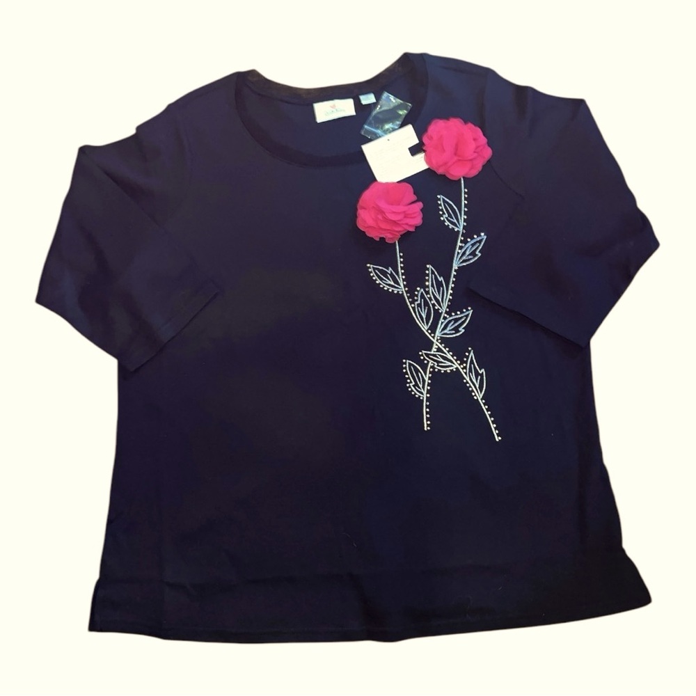 NWT Quacker Factory 1X 3/4 Sleeve T-Shirt w/Pink 3D Flowers Black/Rhinestones